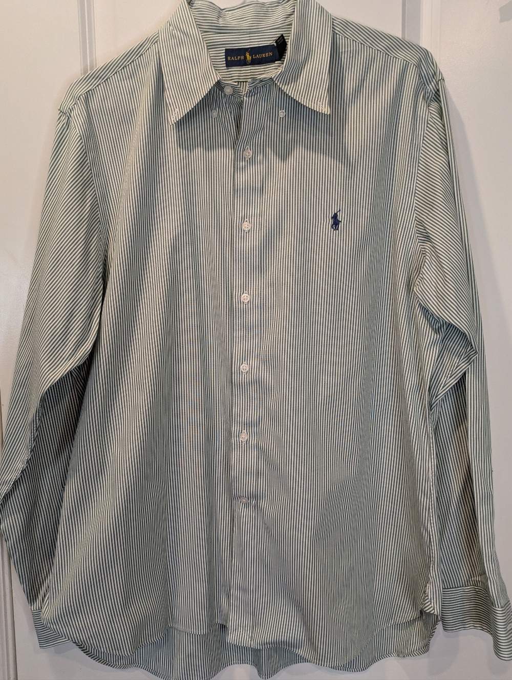 Ralph Lauren Green White Stripe Button Down Shirt Pony Logo Cotton 17/43 Large